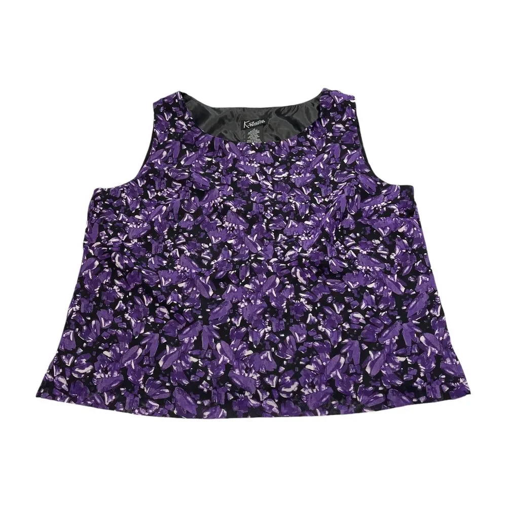 K Studio Collection Tank Top Women's 14 Purple Black Floral Round Neck Pullover - Picture 1 of 6